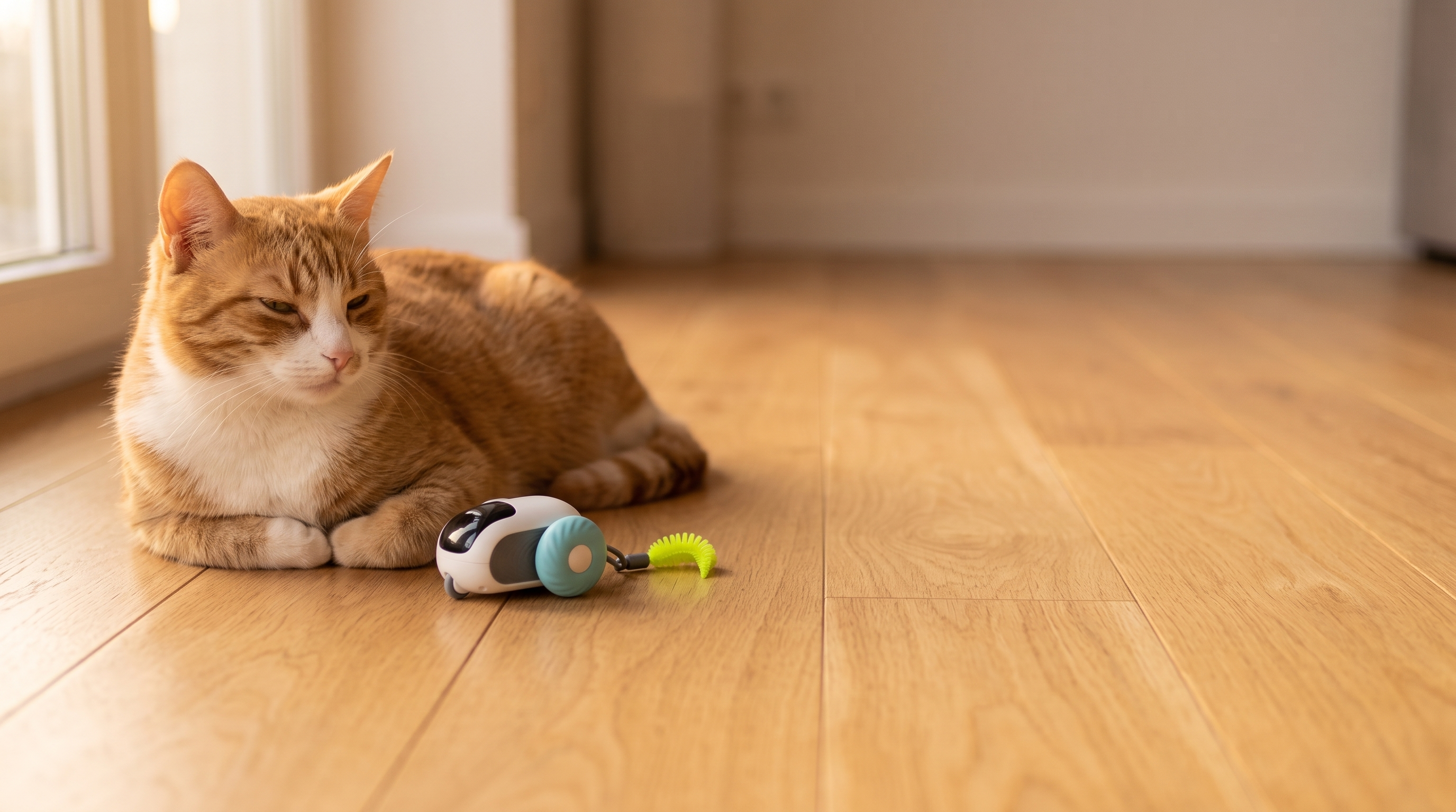 Cat resting beside TurboChase toy car - desktop