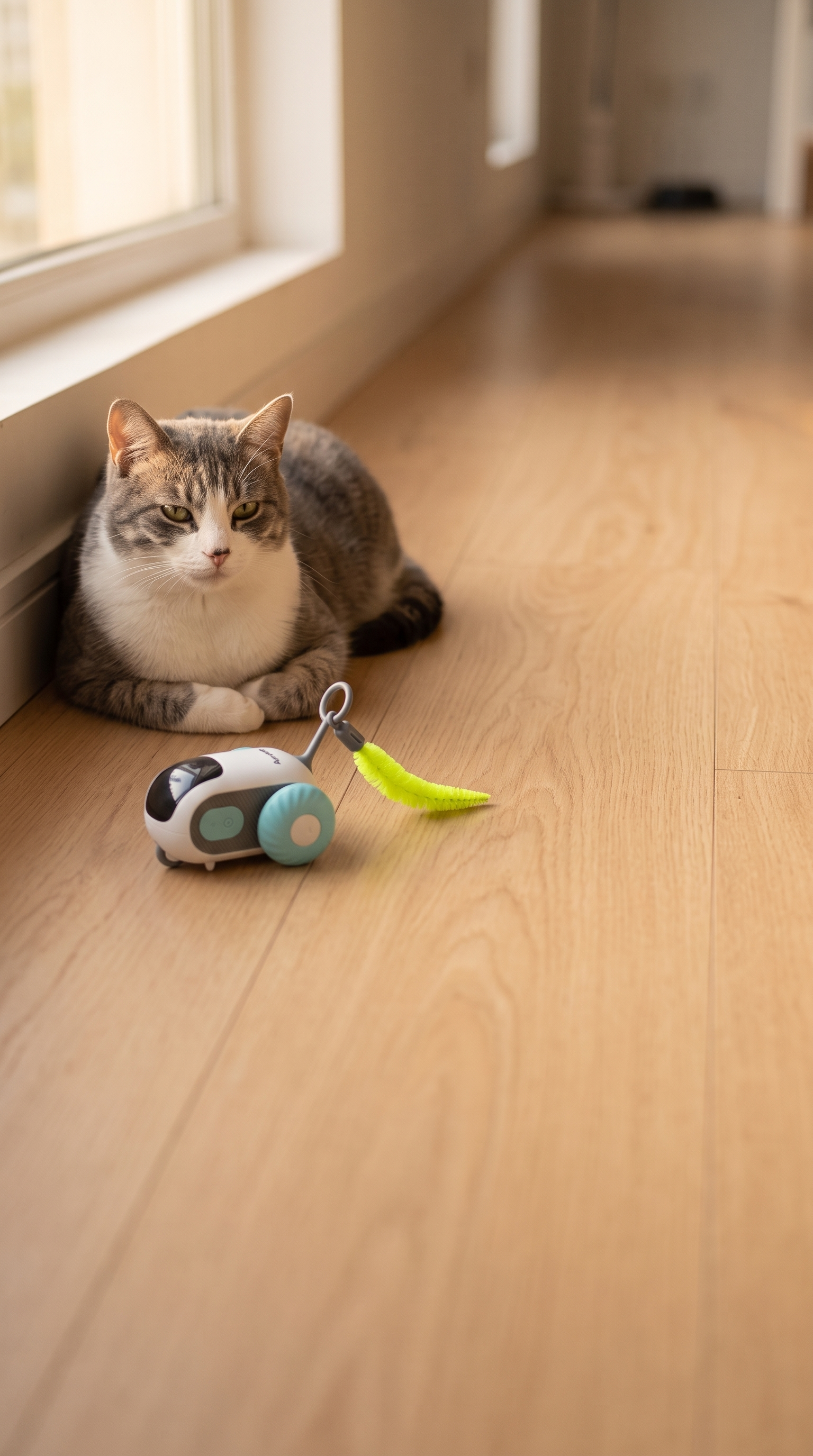 Cat watching TurboChase toy car by the window