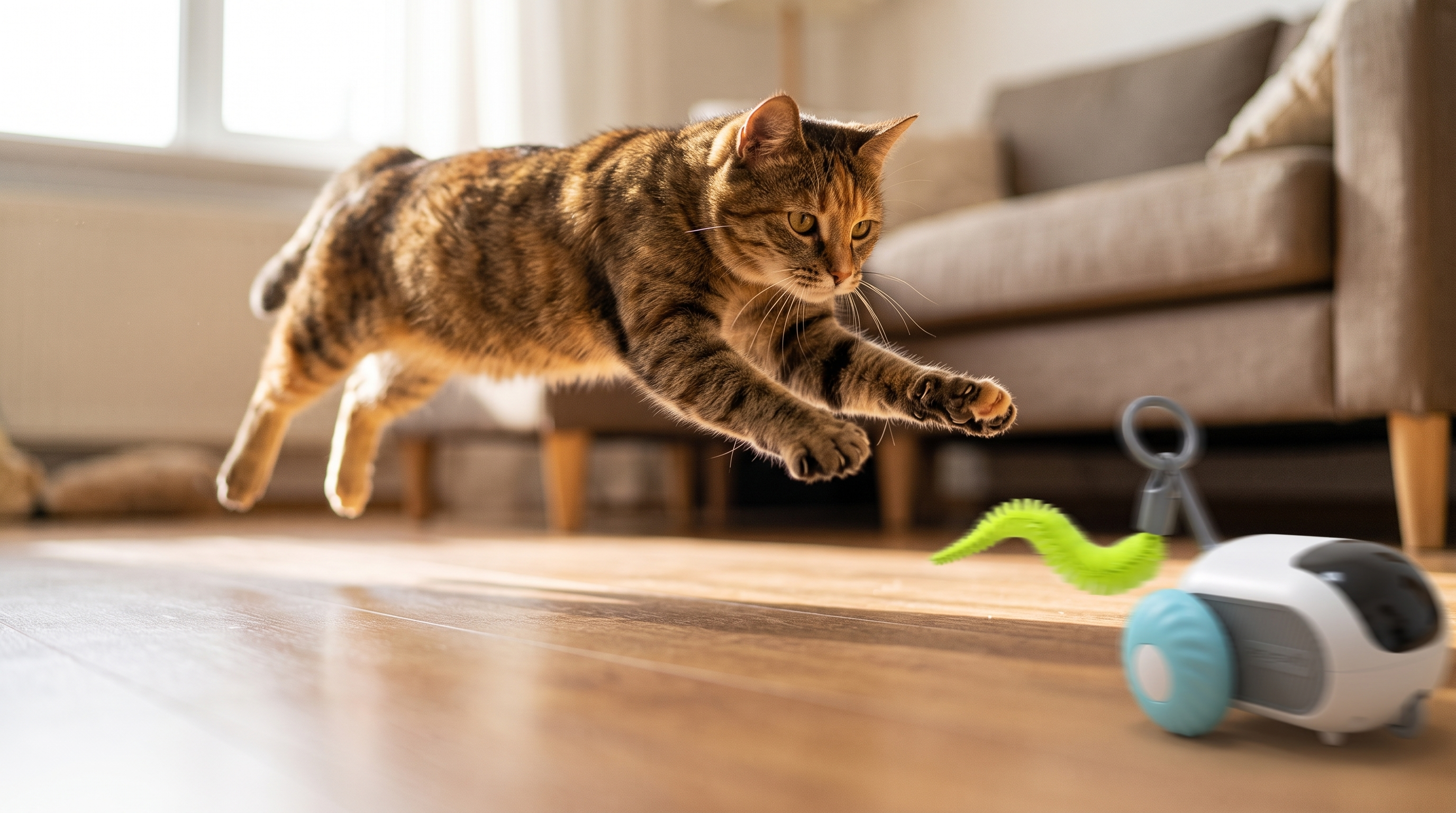 Cat leaping toward TurboChase toy car - desktop