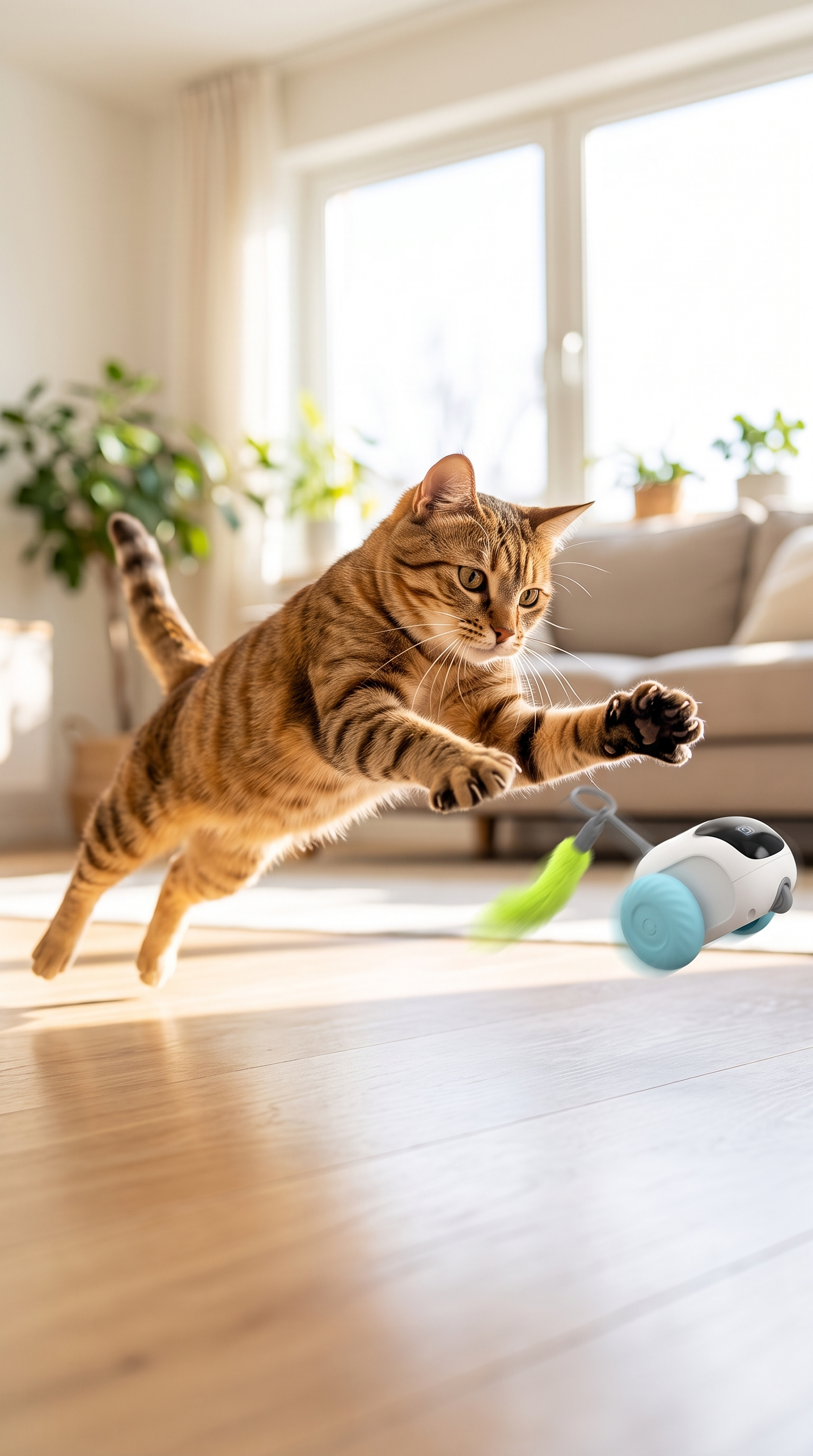 Cat leaping mid-air toward TurboChase toy car
