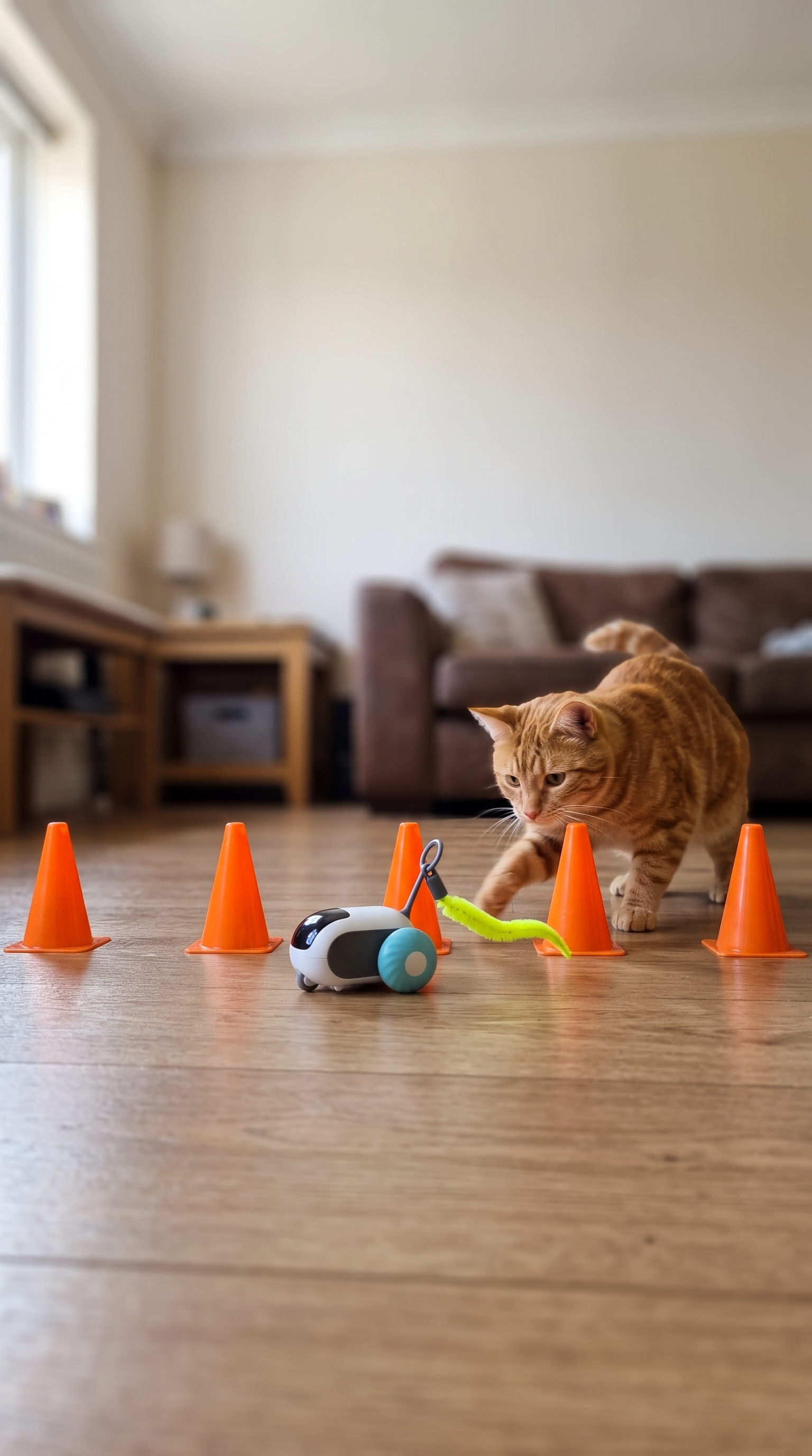 Cat chasing TurboChase through orange cone circuit