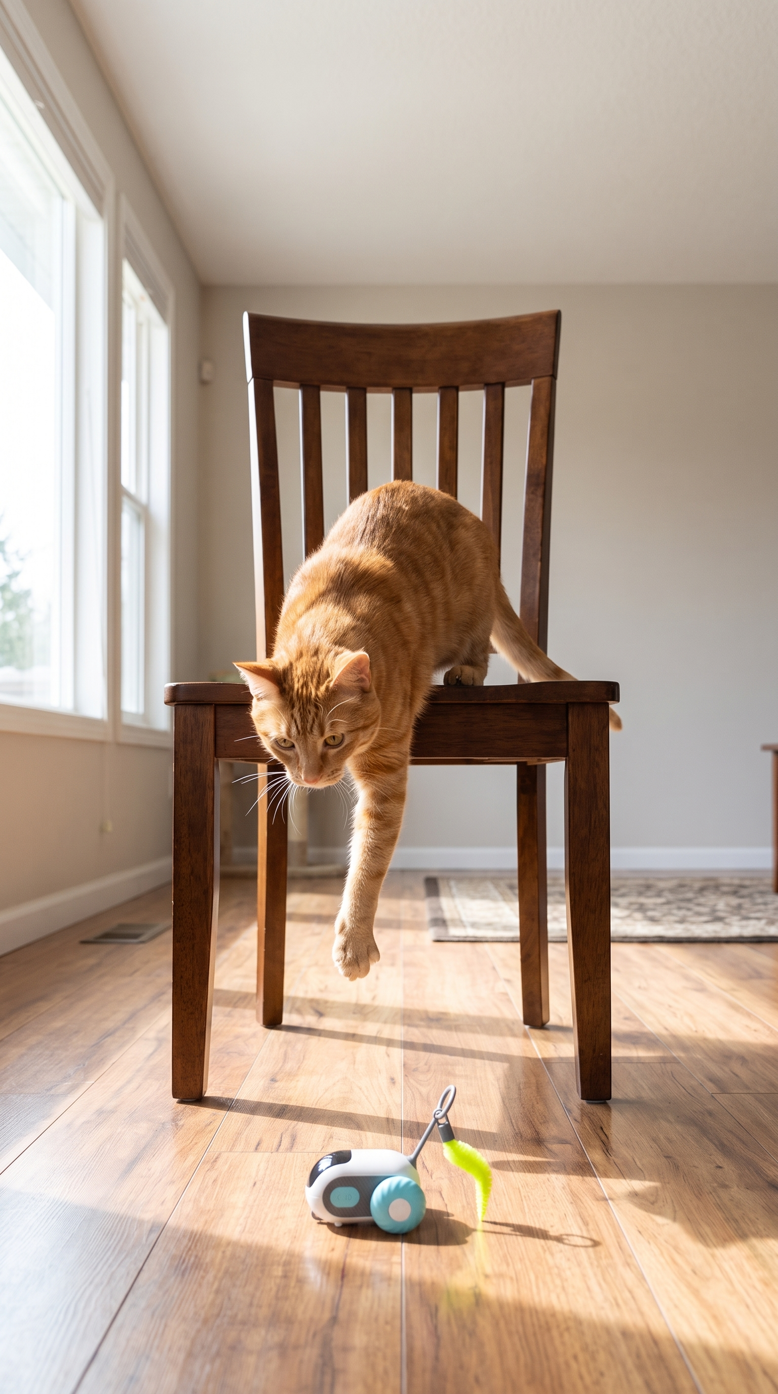Cat climbing down chair toward TurboChase - mobile