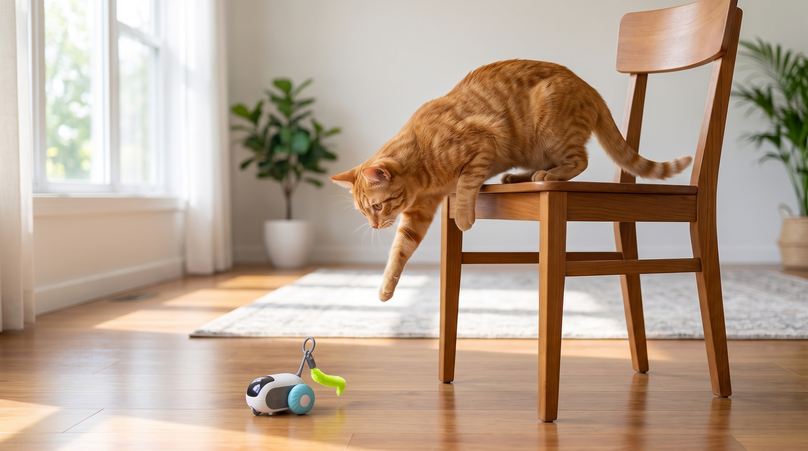 Cat climbing down chair toward TurboChase - desktop