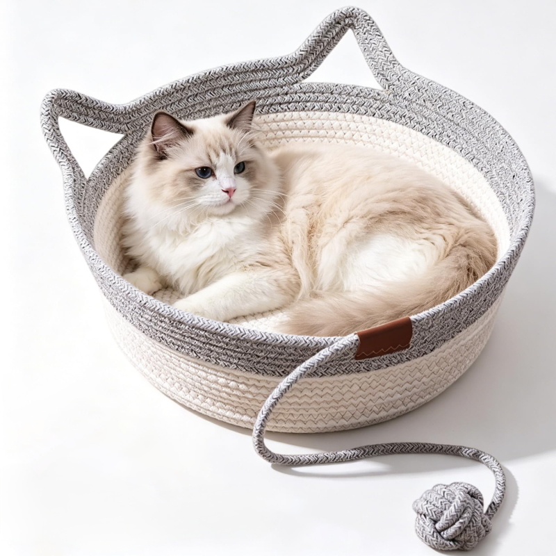 WildNest handwoven cat basket with cat-ear handles and yarn ball toy