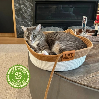 Cat resting in the CatProve WildNest basket — 45-day cat approval guarantee